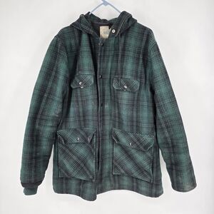 Johnson Woolen Mills Jacket Mens Large Green Hooded Wool Hunting Coat Game Pouch